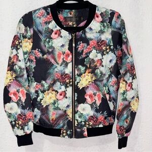 BUYE Floral Bomber Jacket Black Multicolor Zip Front Lightweight Size Small